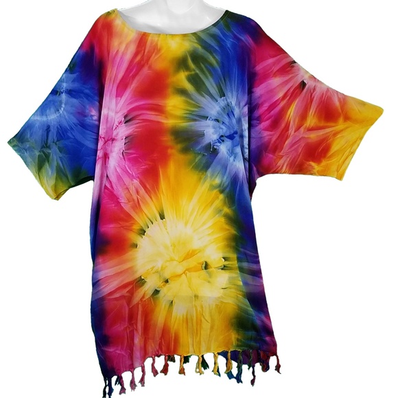 Oversize Rainbow Tie-Dye Hippie Shirt w/Fringe - Picture 1 of 4